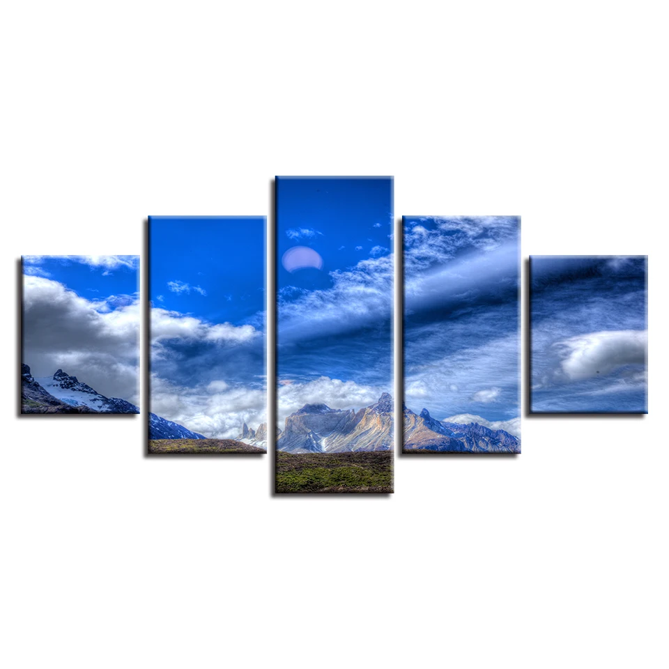 

HD Printed 5 Pieces Painting Blue Sky White Cloud Landscape Canvas Painting Modular Poster Wall Art Decor For Living Room
