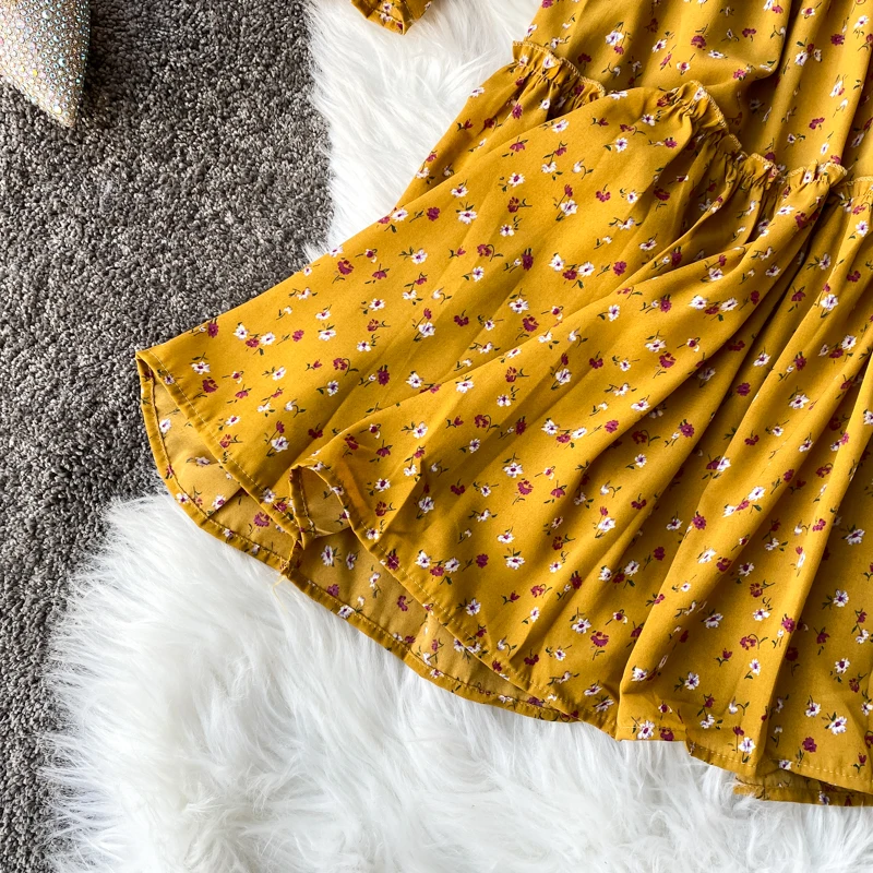 Летнее платье с цветочным принтом и длинным рукавом шифоновое пляжное бантом для