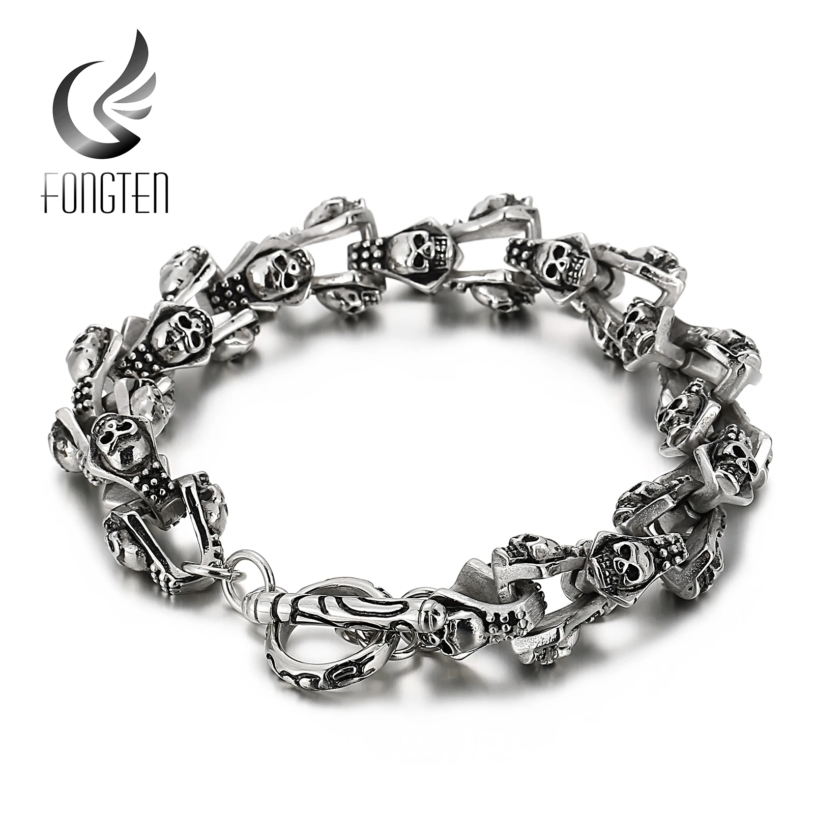 

Fongten Men Skull Head Link Chain Bracelet Blacken Cool Stainless Steel Charm Rock Biker Jewelry