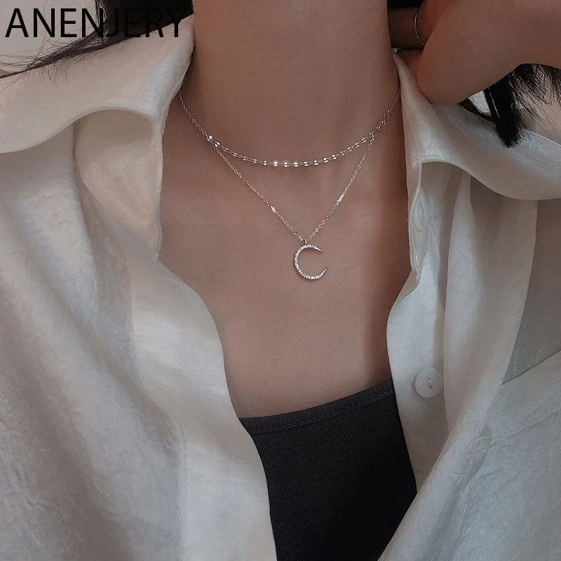 Женское Двухслойное ожерелье ANENJERY блестящее с Луной и звездой из стерлингового