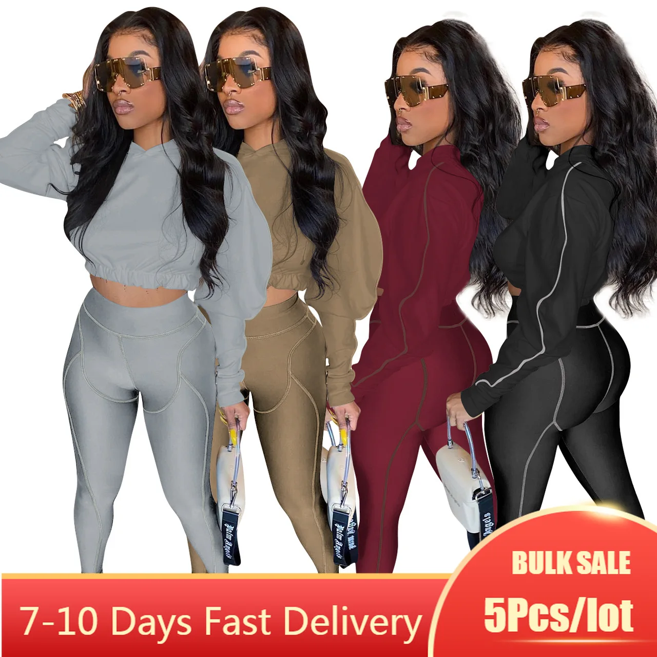 

5PCS Bulk Item Wholesale Lots Women Tracksuits Two Piece Set Crop Tops Jogger Legging Pants Winter Fall Patchwork Sporty Outfits