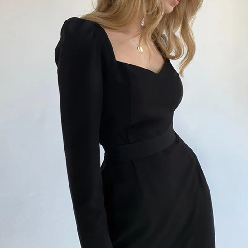 

Women Splice Dress Long Sleeve Elegant Party Slim Knee Length Puff Sleeve Midi Dress 2021 Spring Sexy Casual Vintage