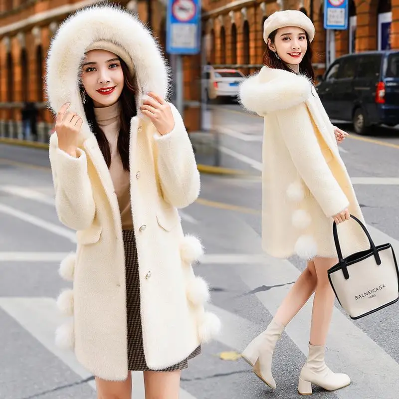 

Women's Mink fur coats thickend wool faux fur collar women's parkas pockets Jackets Outerwear