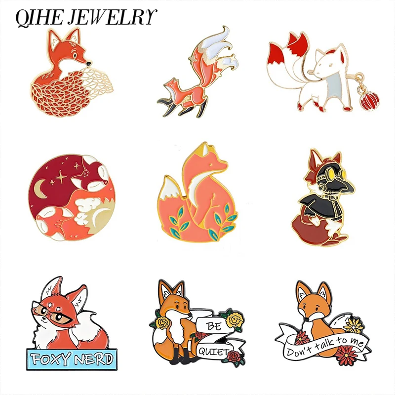 

Fox Pins Collection Animal Brooches Be Quite Quote Letter Funny Silent Lapel Pin Fox Badges Woodland Jewelry