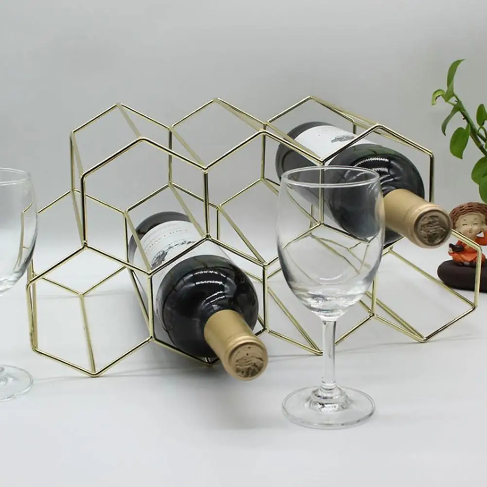 

2021 Hot Countertop Metal Wine Rack 6 Bottles Wine tool Wine Holder Honeycomb Wines Rack Storage Metal Buckets Space Protec Q8U9