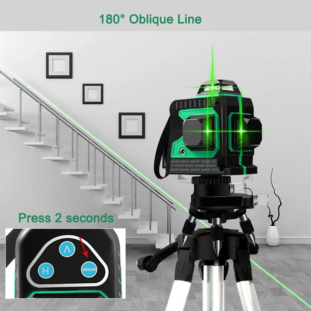 Мощный лазерный 3D уровень самонивелирующийся зеленый 12 линий горизонтали и