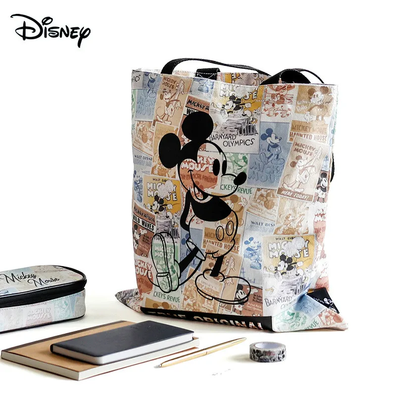 Mickey Cartoon Print Student Art Handbag Diagonal Cloth Bag Large Capacity Open Canvas Female Bag