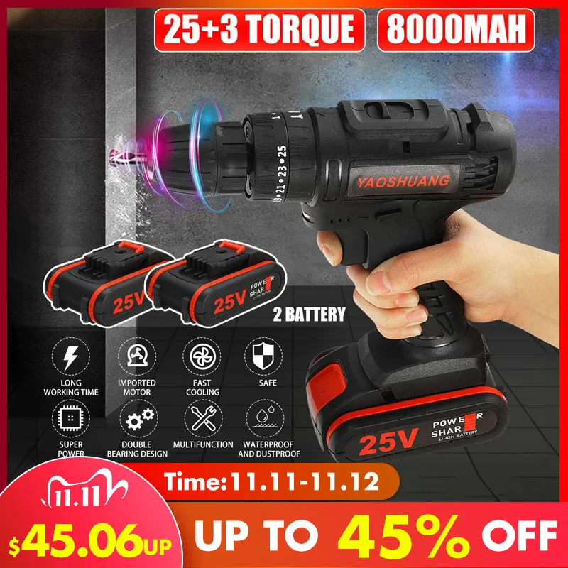 

YAOSHUANG 25V 3/8 Cordless Rechargeable Electric Drill Impact Hammer Screwdriver Power Battery Drill with Drill Bit 2 Battery