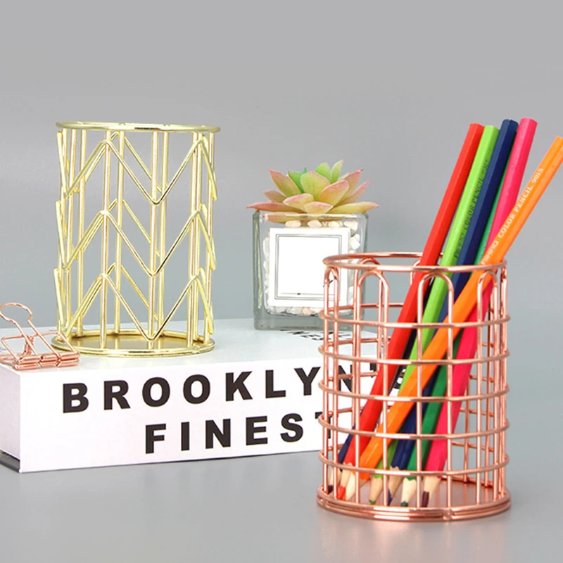 

Rose Gold Iron Art Nordic Makeup Organizer Basket Eyeliner Brush Set Storage Cup Dressing Table Makeup Cosmetic Organizer Box