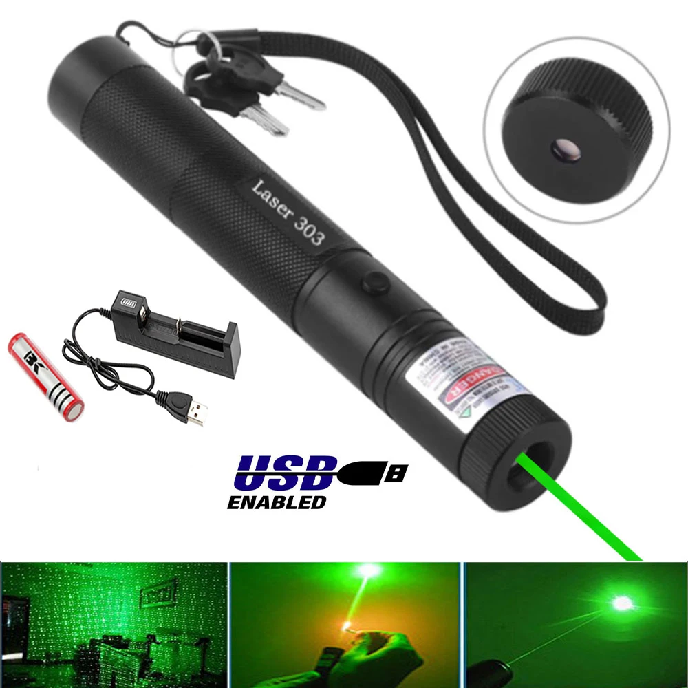 

High Powerful Laser 303 pointer Green Laser Sight 532nm 5mw Green light laser device Adjustable Focus Lazer sight USB charger