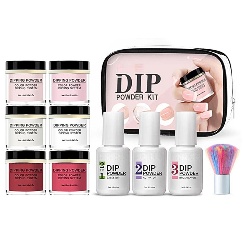 

2 In 1 Nail Powder Set Base & Top Gel Natural Dry Activator Brush Saver French Nail Art Kit New Hot