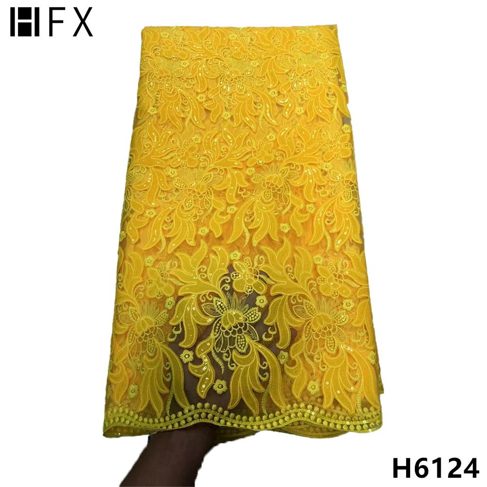 

HFX 2021 желтая новейшая французская нигерийская Тюлевая кружевная ткань с блестками Высококачественная шифоновая африканская кружевная тка...