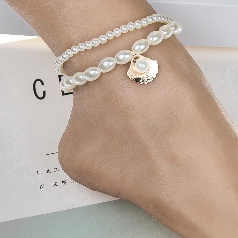 

New Trend Summer Pearl Ankle Bracelets Jewelry Simulated Pearl Gold Color Shell Dangle Boho Beach Barefoot Chain Female Anklets