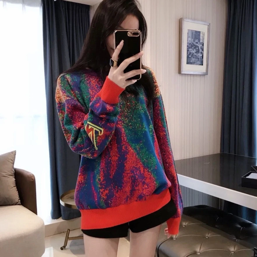 

High Quality Fashion Age Reduction Contrast Color Gradient Seven Color Rainbow Letter Jacquard Men's and Women's Sweater