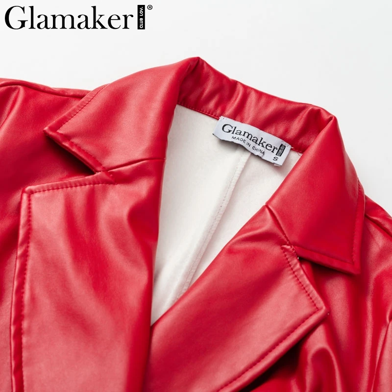 Glamaker Плиссированное красное платье из искусственной кожи, Женское зимнее облегающее мини-платье с длинным рукавом, элегантное осеннее сексуальное Клубное платье с v-образным вырезом, вечерние платья