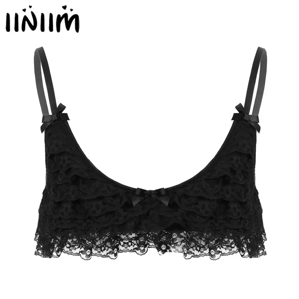 

Mens Lingerie Bras Exotic Tanks for Weeding Nightwear Super Frilly Ruffled Layered Lace Sissy Camisole Clubwear Gay Male Bra Top