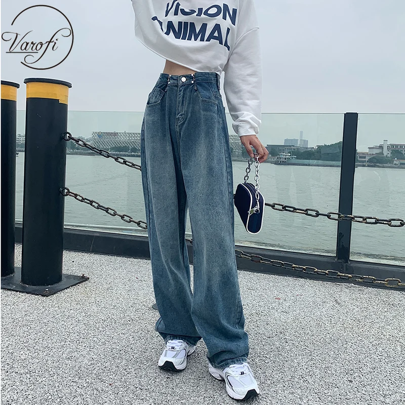 

Varofi High-waisted jeans, pleated, floor-length pants, dad pants, wide legs, straight pants, baggy girl woman jeans y2k jeans