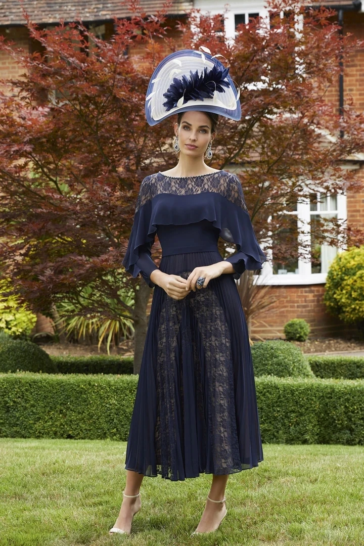 

Tailor Shop mother of bride dress navy lace with tulle pleat skirt bride mother outfit party dress occasion wear