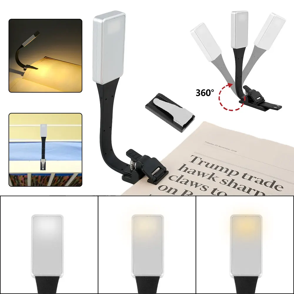 

1PC Clip on Book Light USB Rechargeable Multifunctional Reading 3 Brightness Eye Protection Flexible Bedside Camping Travel Lamp