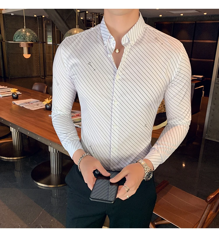 Chemise Homme британский стиль Для мужчин рубашка в полоску с длинными рукавами, высокое качество, отложной воротник, деловая, общественная рубашки Для мужчин клубный костюм-смокинг