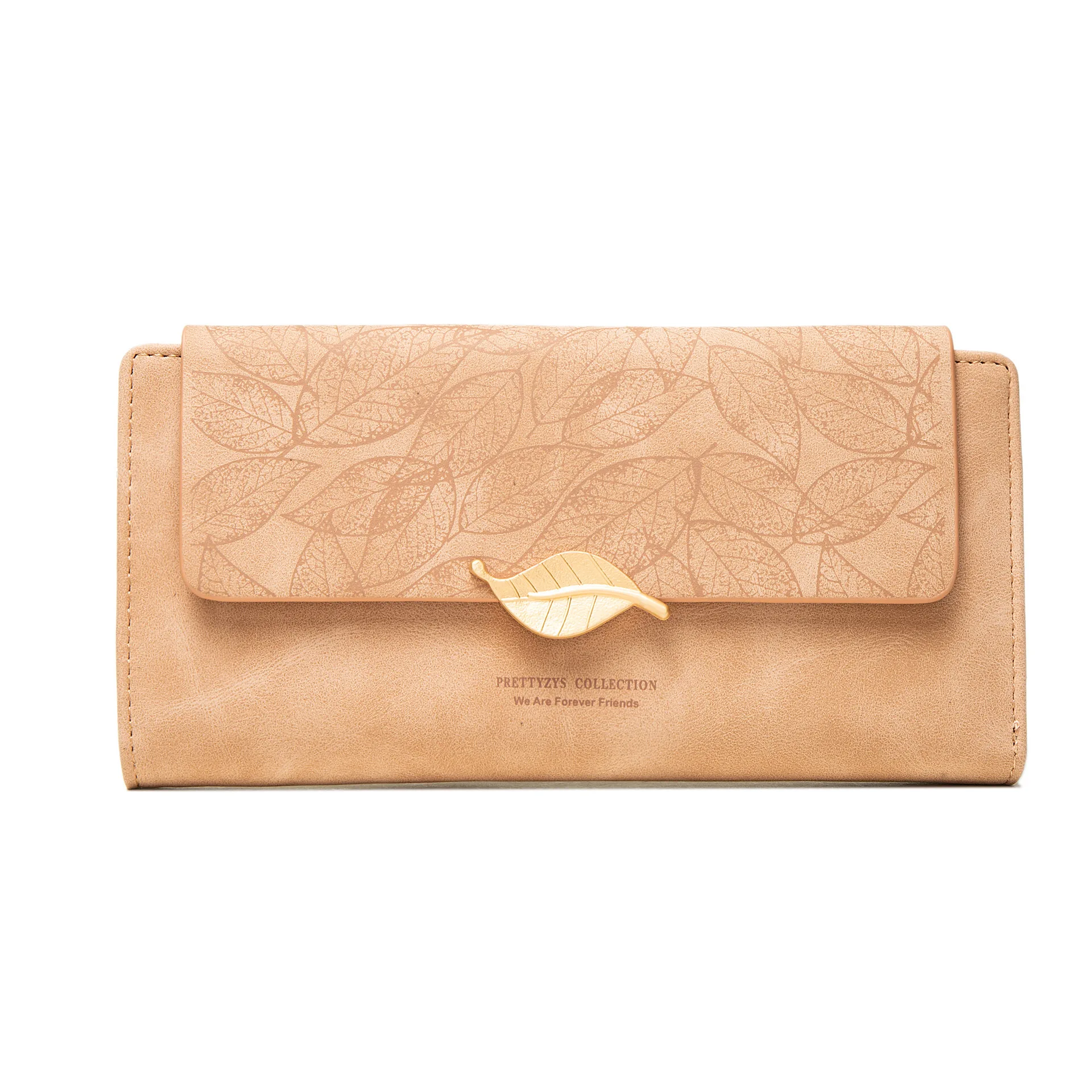 

Women Fashion Leaves Printing Zipper Wallets Female Metal Leaves Hasp Pu Leather Coin Purses Ladies New Frosted Letters Cards