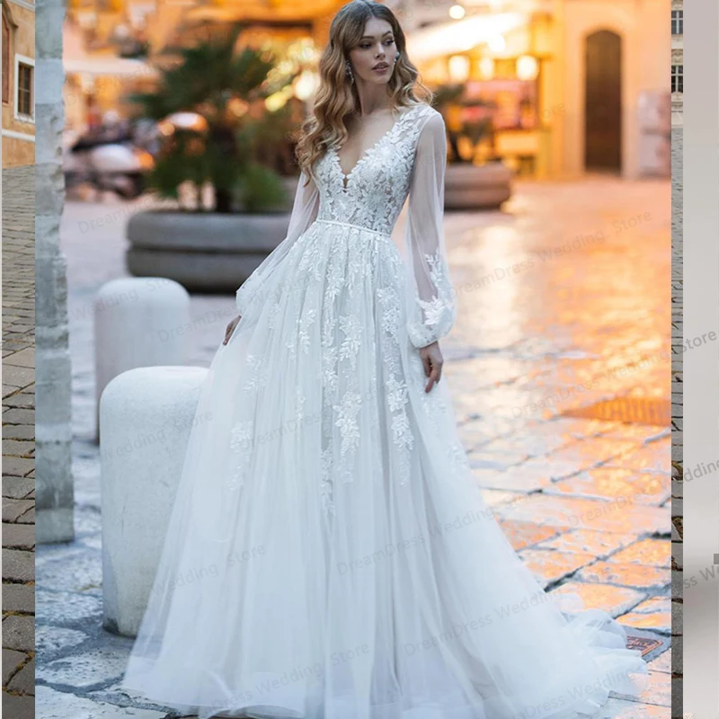 

Long Sleeve Wedding Dress 2021 V-neck A-Line Princess Elegnat Sweep Train Robe De Mariee Custom Made Tulle Brides Gown For Wome