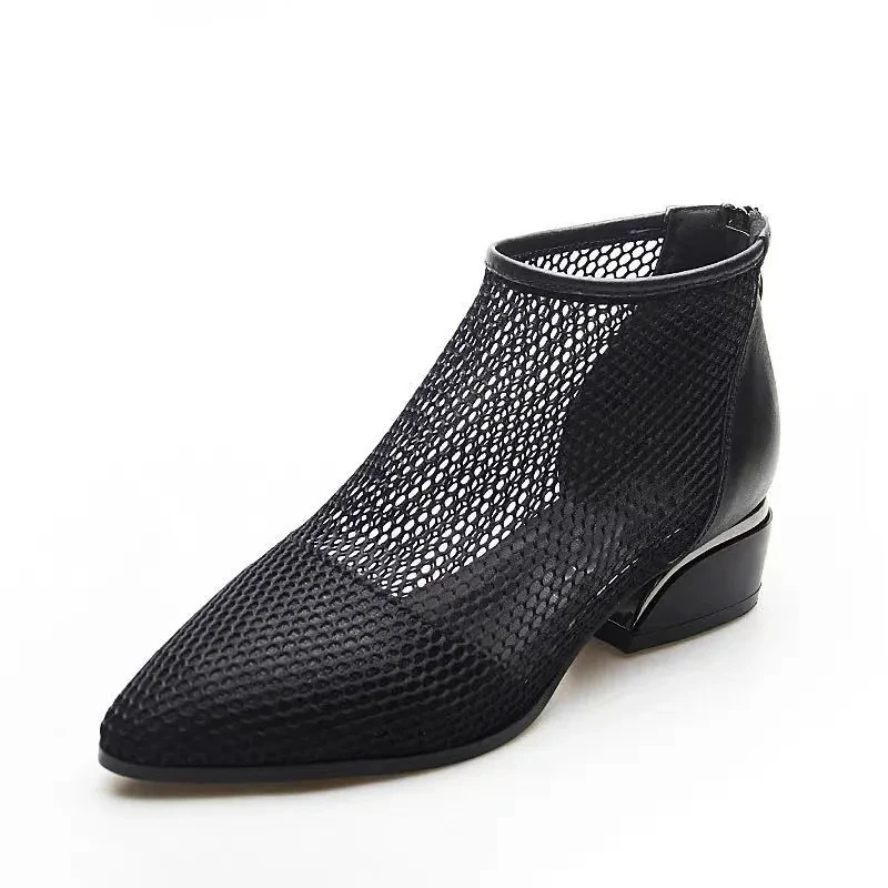 

Black Sexy Party High Heels Shoes Zipper Thick Heel Short Boots Mesh Gauze Mesh Hollow Female Boots Single Shoes