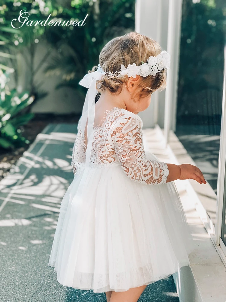 Cute Ivory Lace Flower Girl Dresses O-Neck Long Sleeves First Communion Illusion Back Short Tulle Baby Party Dress | Свадьбы и