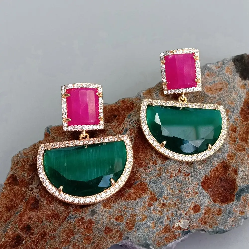 Y.YING полукруглые серьги-гвоздики в форме кошачий глаз зеленая фуксия