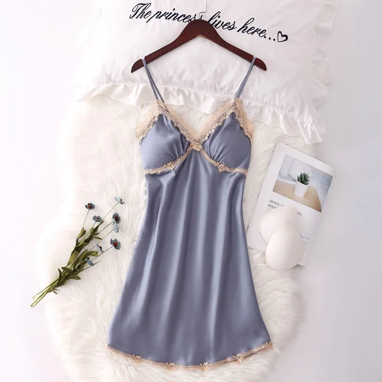 

Women's New Summer Thin Home Wear Lace Suspenders Sexy Pajamas Ice Silk With Chest Pad Nightdress