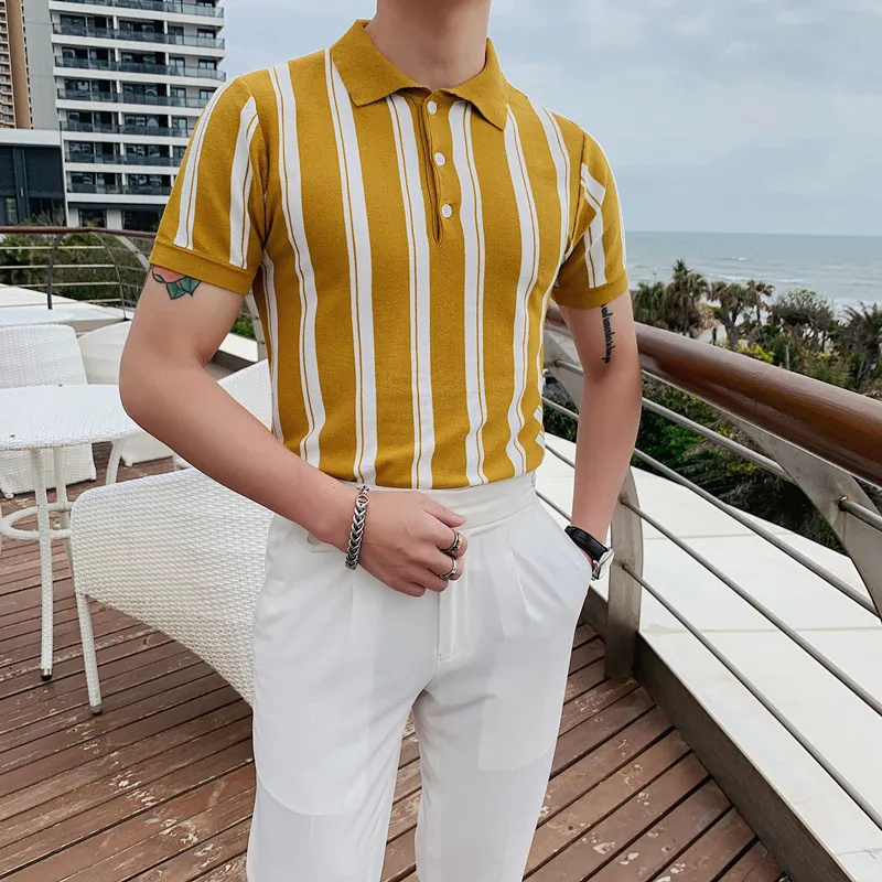 

Summer Men's High-end Brand Ice Silk Business Striped Short Sleeve Polo T-shirt Men's Knitted Fashion Golf Casual POLO Shirt
