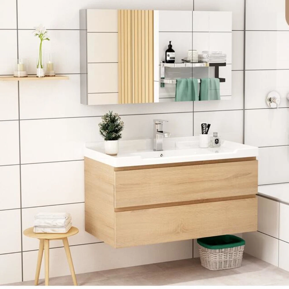 

Wood-colored bathroom cabinet combination sink cabinet set bathroom washbasin modern minimalist wash Taipei Europe