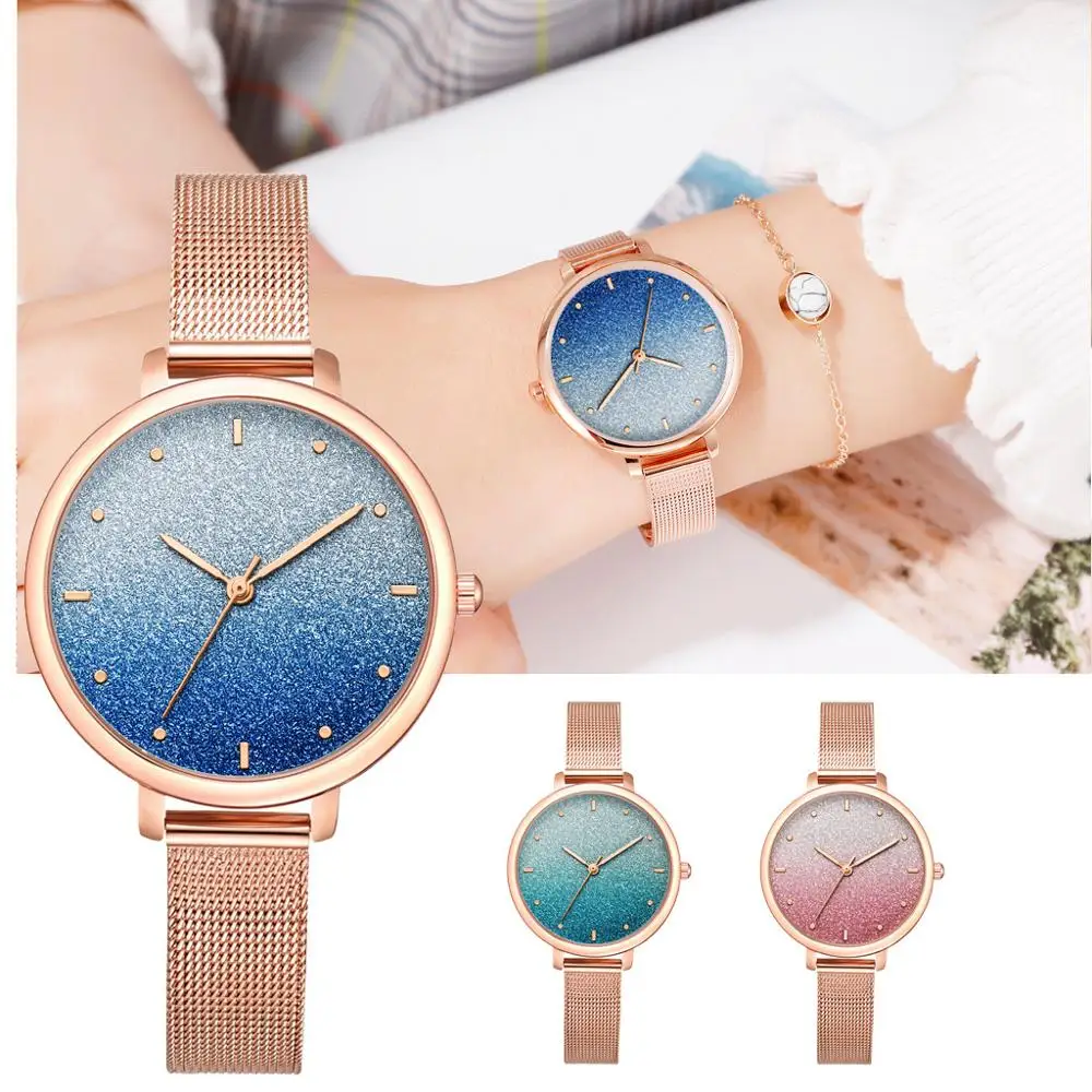 Женские часы с голубым звездным небом повседневные наручные розовым браслетом