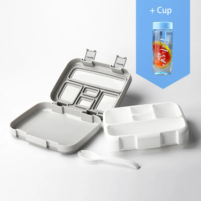 Gray 5 and cup Baispo Microwavable квадратная коробка для обеда для детей Герметичный пищевой контейнер с отделениями BPA бесплатно ланчбокс для пикника школы - Цвет: Gray 5 and cup