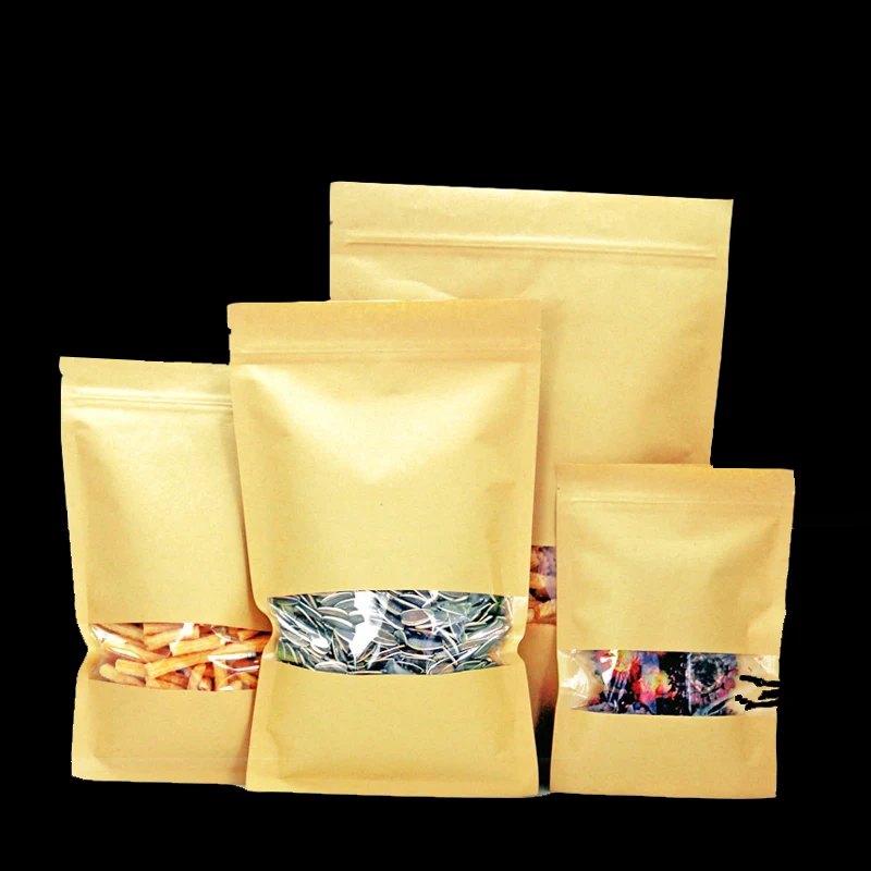 Пакет из крафт бумаги на молнии с прозрачным окном и плоским дном|Сумки для вещей|