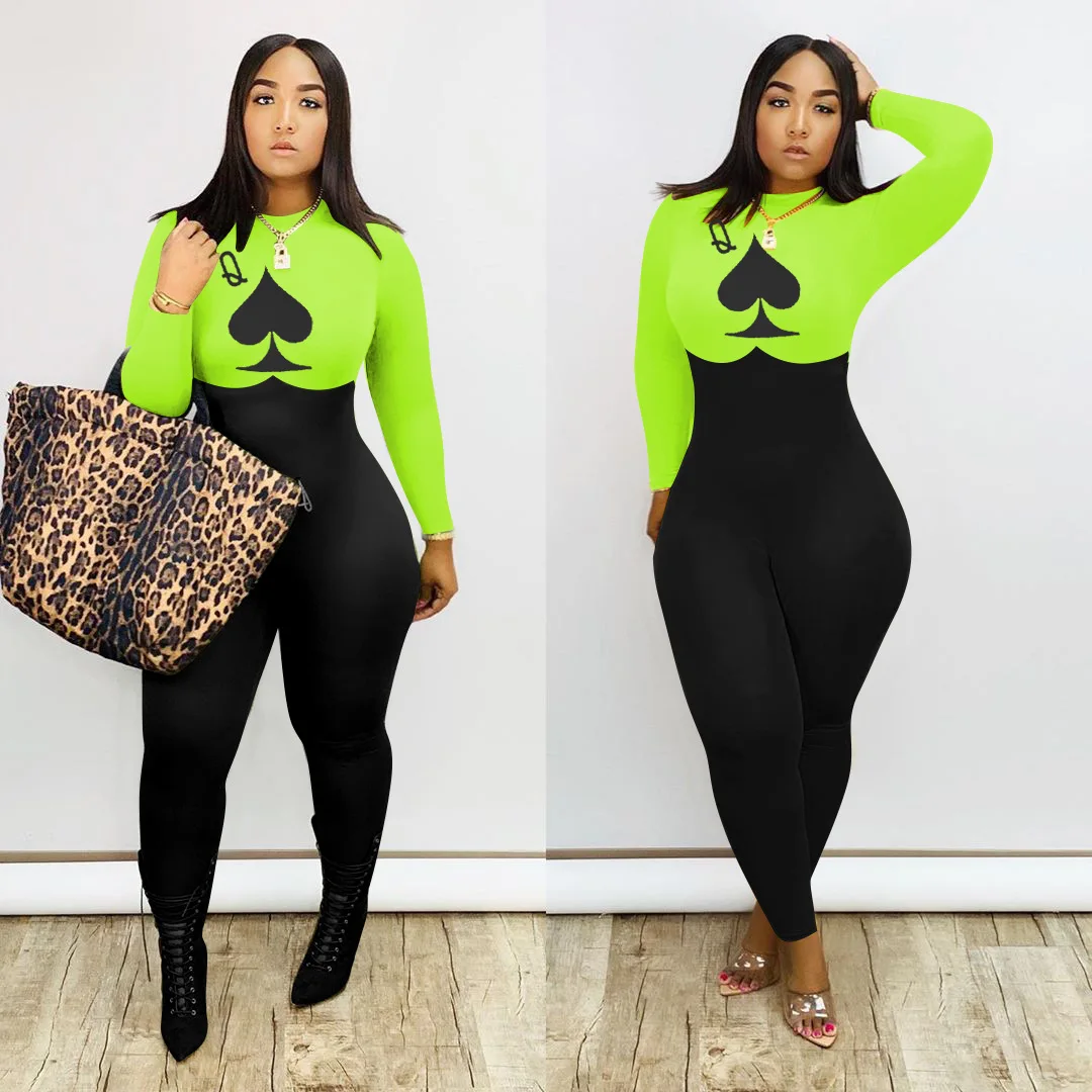 

KALENMOS Poker Card Spade Q Patchwork Women Jumpsuits Rompers Drape Sexy Night Club Party Elegant One Piece Outfits Playsuit