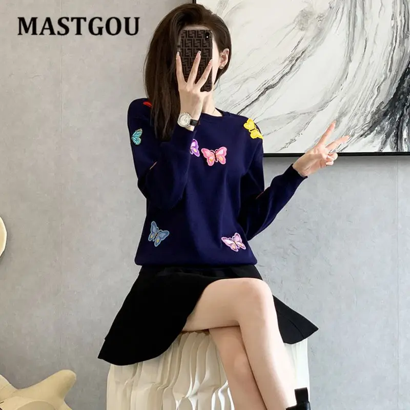 

Женский костюм с юбкой-трапеция MASTGOU, костюм из 2 предметов, свитер с 3D вышивкой бабочки и мини-юбка, Осень-зима