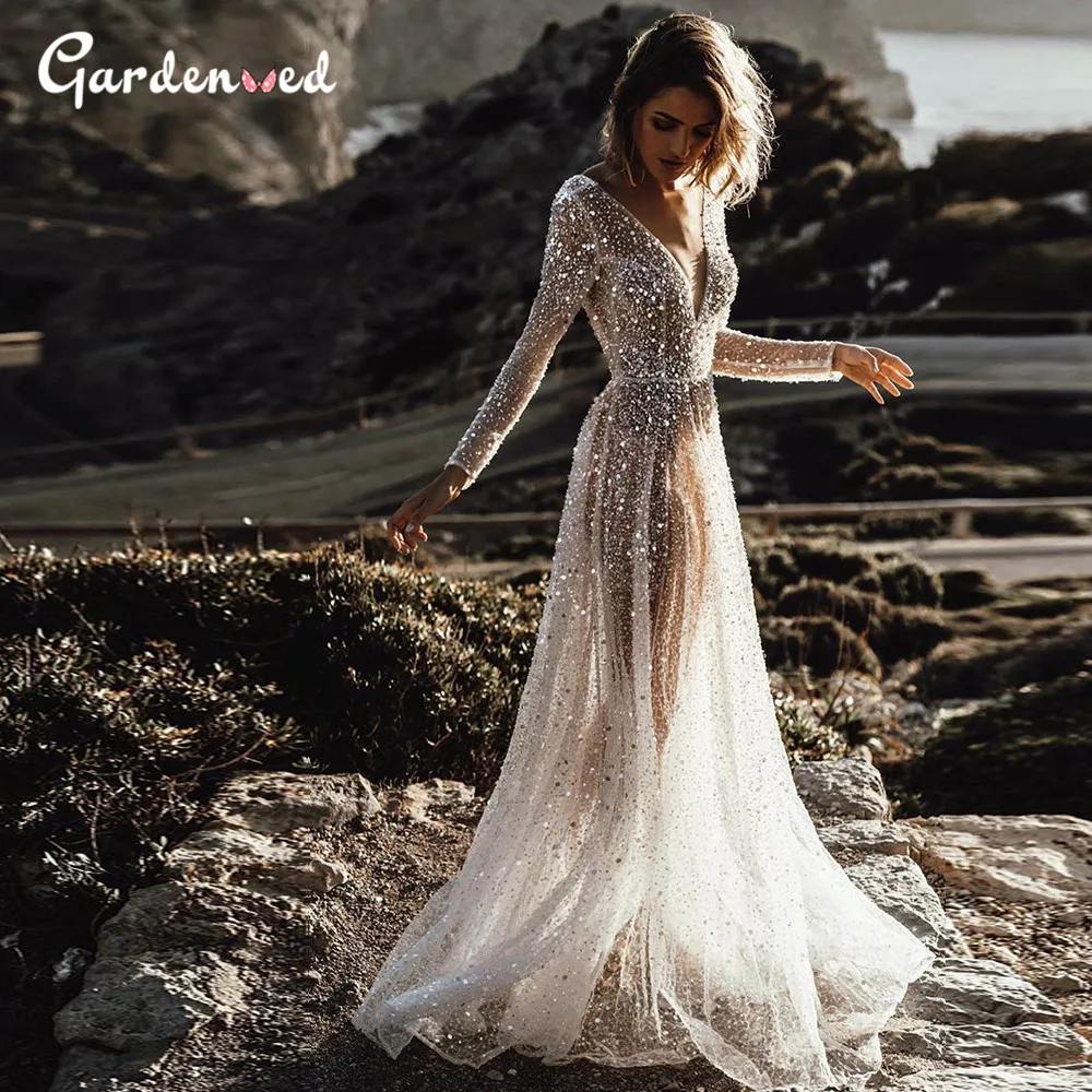 

Sexy Illusion Boho Wedding Dress 2020 A-Line Backless Bride Dresses Wedding Gowns Sequined Beading Mermaid Wedding Dress