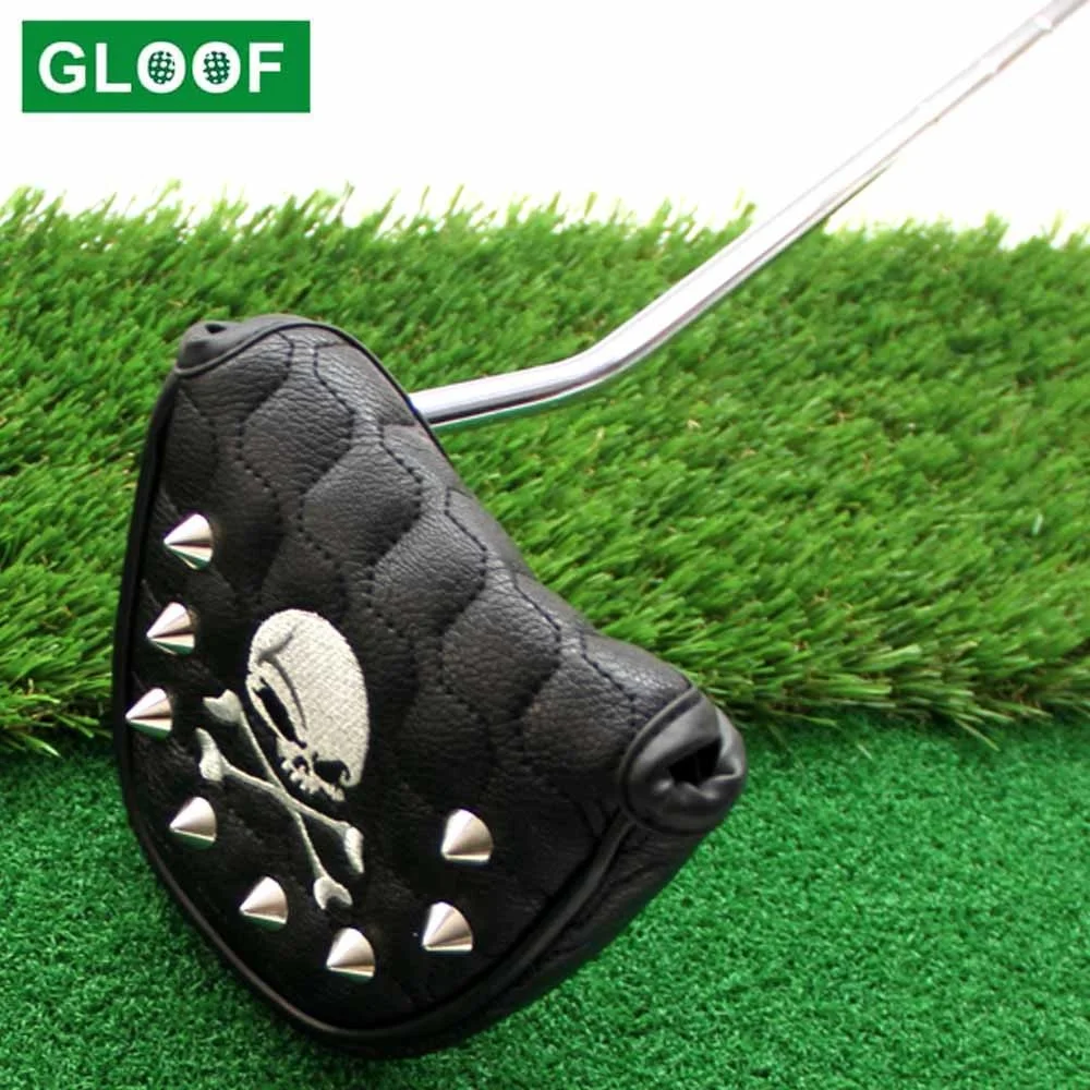 

1pcs Golf Pusher Sleeve Pu Leather Golf Putter Cover Universal Magnetic Closure, Rivet, Skull Embroidery