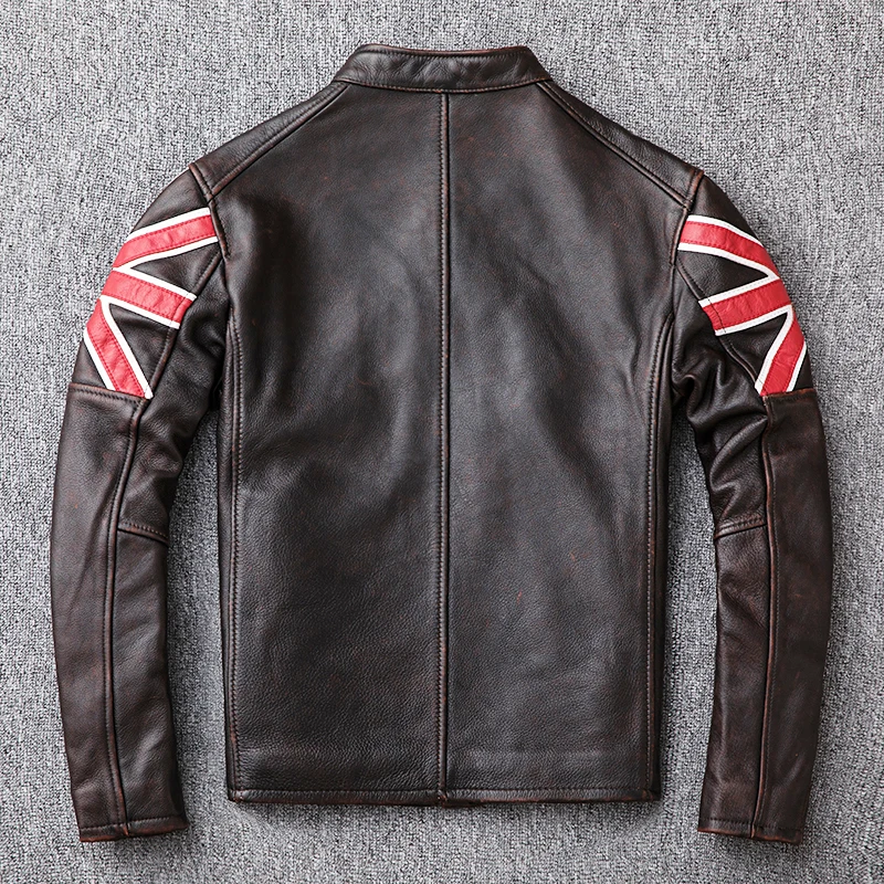 

Autumn And Winter Top Layer Leather Jacket Dark Brown Men's Short Stand Collar Vintage Motorcycle Leather Jacket