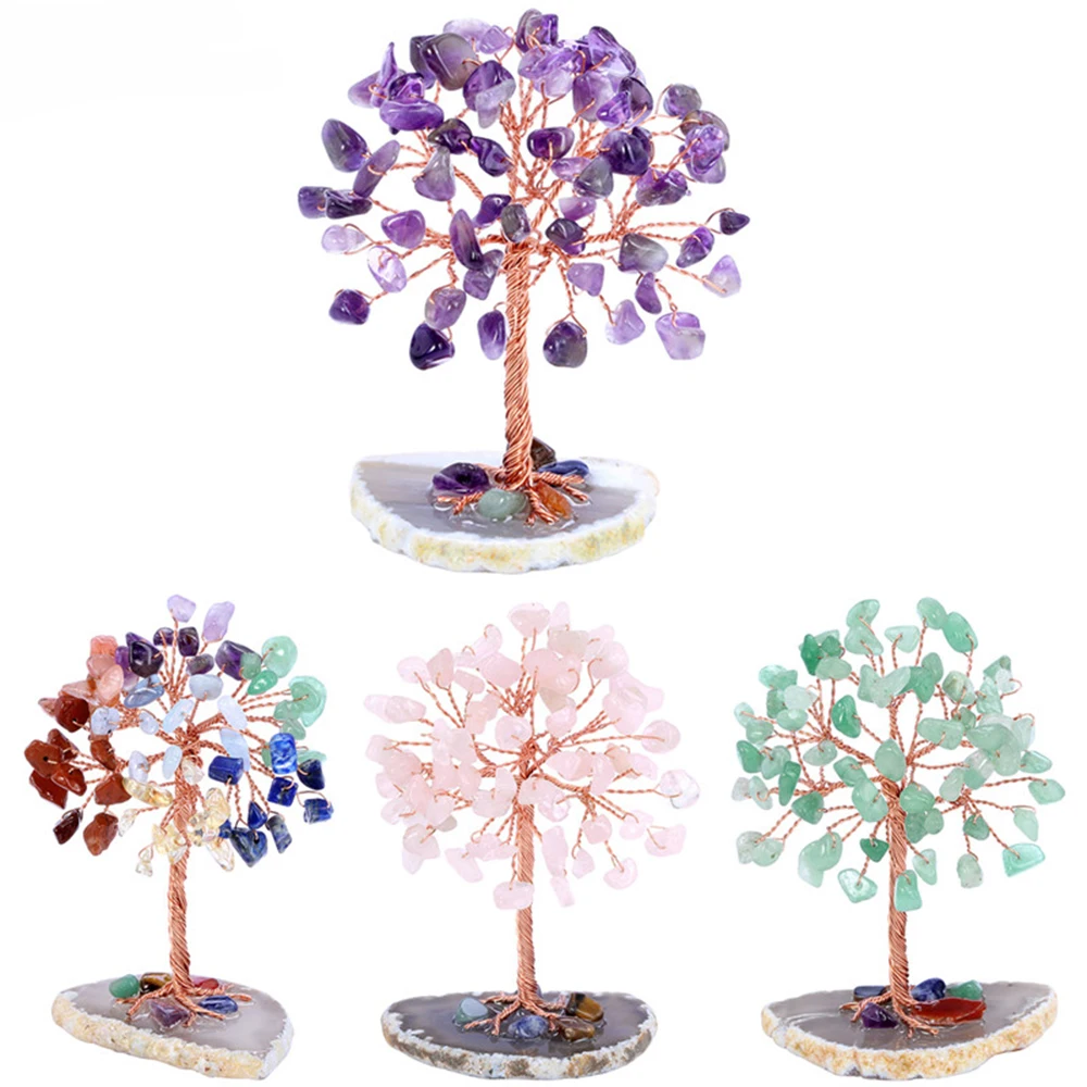 

Mini Crystals Money Tree Copper Wire Wrapped With Agate Slice Base Chakra Amethyst Gemstone Trees Feng Shui Home Decor