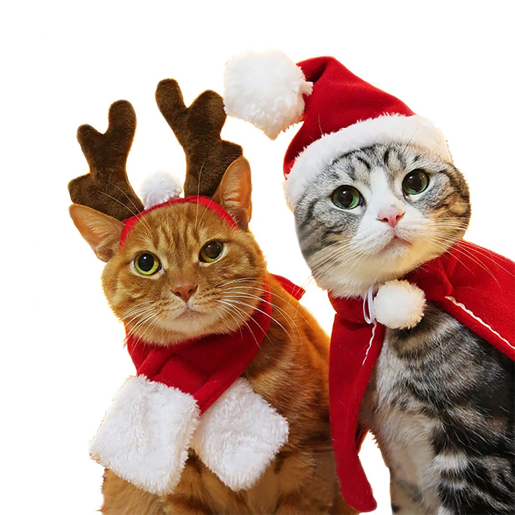

Рождественская одежда, теплая одежда для собак и кошек, щенков, Санта-Клаус, красный шарф, шапка, голова оленя, милая накидка для собаки, кост...