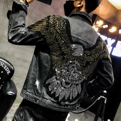 

100%real men rhinestone eagle jean jacket hip top/short tuxedo jacket/stage performance/ASIA SIZE