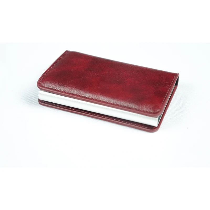 RFID Blocking Credit Card Holder Genuine Leather Men ID Card holder Mini Wallet Vintage Metal Automatic Anti-theft Card Wallet
