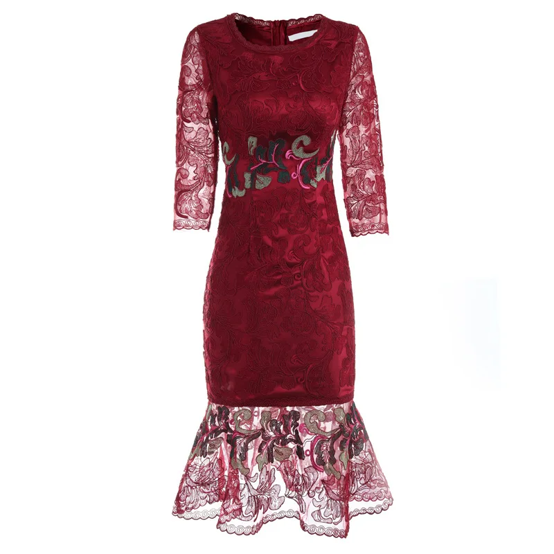

Dress Autumn Ruffle Winter Party Cocktail Women O-Neck Luxurious Embroidery Sexy Hip Package Dress Grey Wine Red Vestidos