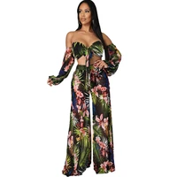 summer women print full sleeve off shoulder badnage crop tops wide leg pants two piece sets sexy fashion outfit