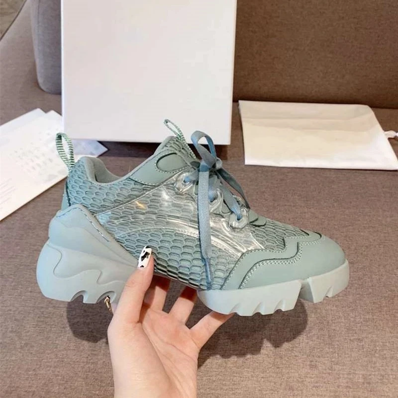 

Кроссовки женские из сетчатой кожи, дизайнерские брендовые люксовые кеды на платформе, на шнуровке, повседневная обувь на толстой плоской п...