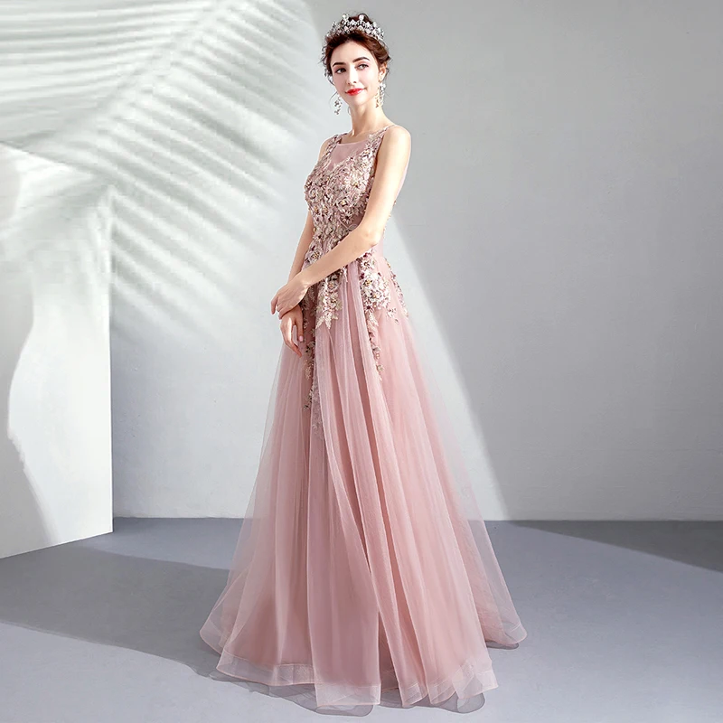 Новинка года; vestido de festa; милое Розовое Кружевное длинное вечернее платье с круглым вырезом; вечерние платья невесты с открытой спиной и бусинами; платья для выпускного с жемчугом
