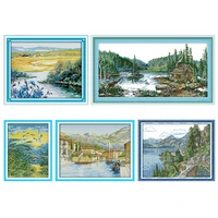 cross stitch kit stamped with lake and hills printed 11ct 14ct painting counted patterns crafts decor embroidery needlework sets