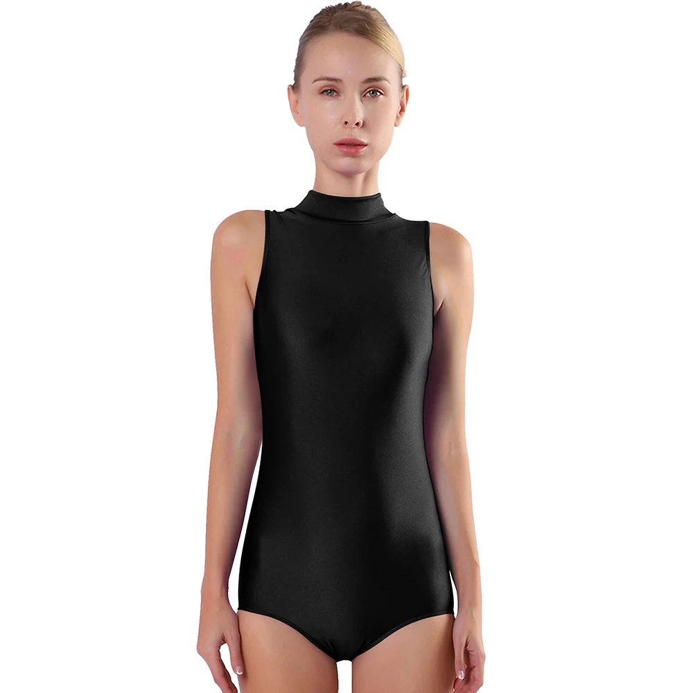 Женское черное трико без рукавов с высокой горловиной и нейлоновым